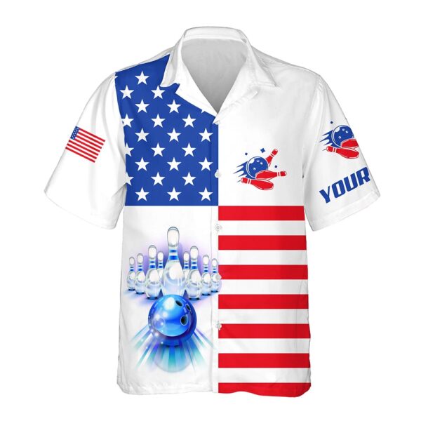 Bowling Hawaiian Shirt, American Flag Patriotic Bowling Hawaiian Shirt, Customize Button Up Bowling Shirts