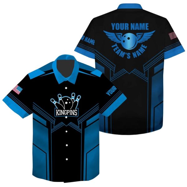 Bowling Hawaiian Shirt, Blue And Black Bowling Hawaiian Shirt For Men Custom Name And Team Name Mens Bowling Team Shirts