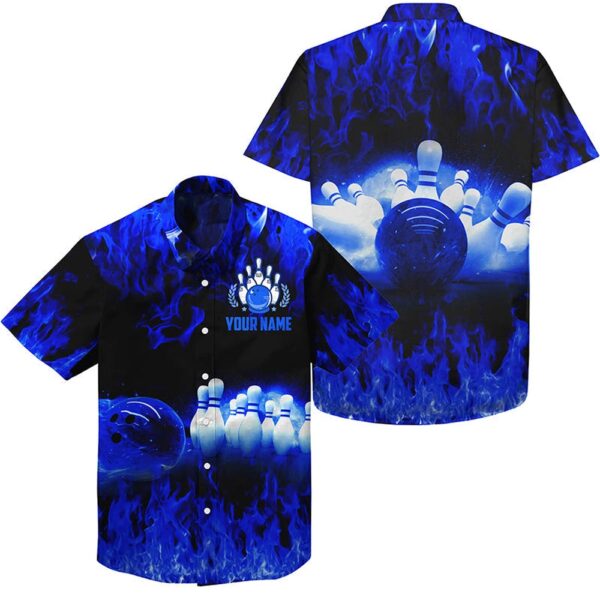 Bowling Hawaiian Shirt, Blue Flame Hawaiian Bowling Shirts, Personalized Men Bowling Team Button Up Bowling Shirts