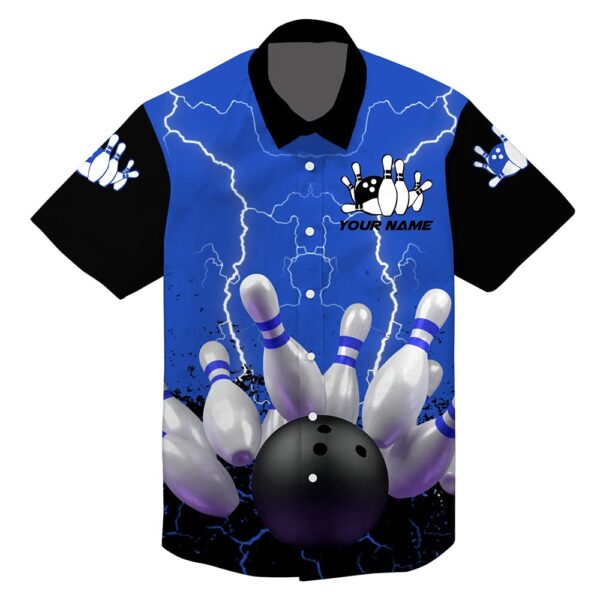 Bowling Hawaiian Shirt, Blue Lightning Hawaiian Bowling Shirts, Personalized Men Bowling Team Button Up Bowling Shirts