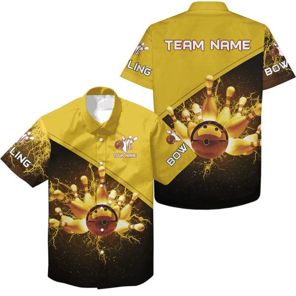Bowling Hawaiian Shirt, Bowling Hawaiian Shirt Custom Gold Lightning Thunder Bowling Team Jersey, Gift For Team Bowlers