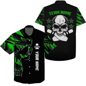 Bowling Hawaiian Shirt, Bowling Hawaiian Shirt Custom Name And Team Name Skull Bowling, Team Bowling Shirts Green