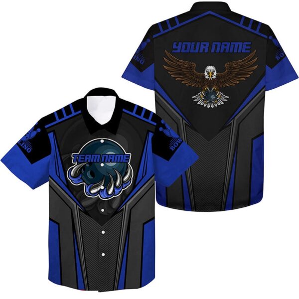 Bowling Hawaiian Shirt, Custom Name And Team Name Bowling Hawaiian Shirt For Men, Eagle Men Bowling Team Shirts Blue
