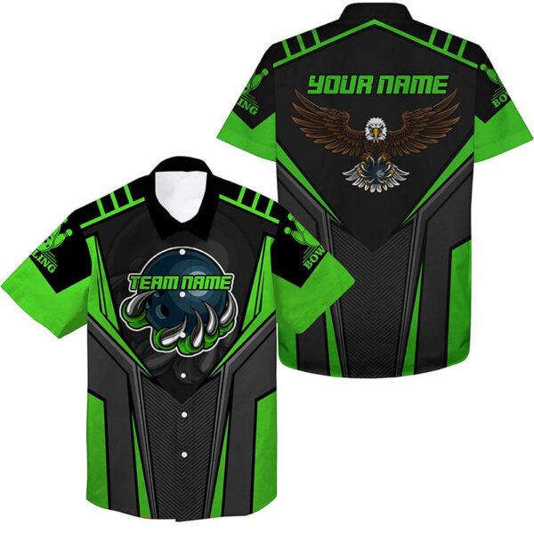 Bowling Hawaiian Shirt, Custom Name And Team Name Bowling Hawaiian Shirt For Men, Eagle Men Bowling Team Shirts Green