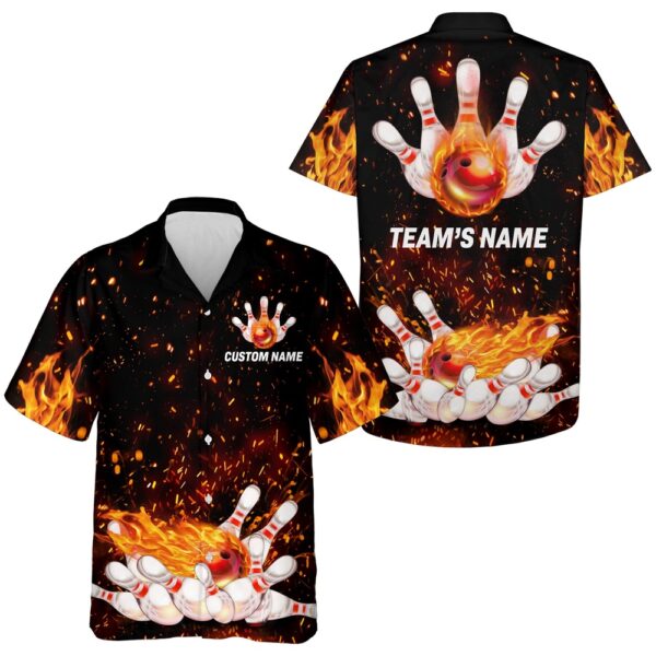 Bowling Hawaiian Shirt, Flame Hawaiian Bowling Shirt, Personalized Team Bowlers Jersey Short Sleeve Button Down Fire Bowling