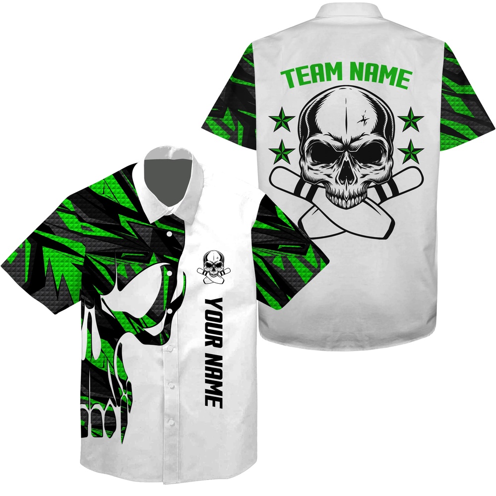 Bowling Hawaiian Shirt, Green And White Bowling Hawaiian Shirt Custom Name And Team Name Skull Bowling, Team Bowling Shirts