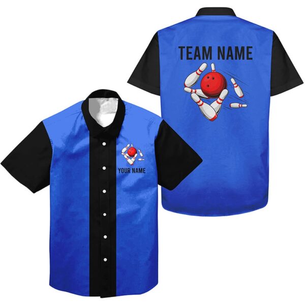 Bowling Hawaiian Shirt, Personalized Blue Black Retro Bowling Hawaiian Shirts Custom Vintage Team Button Up Shirts