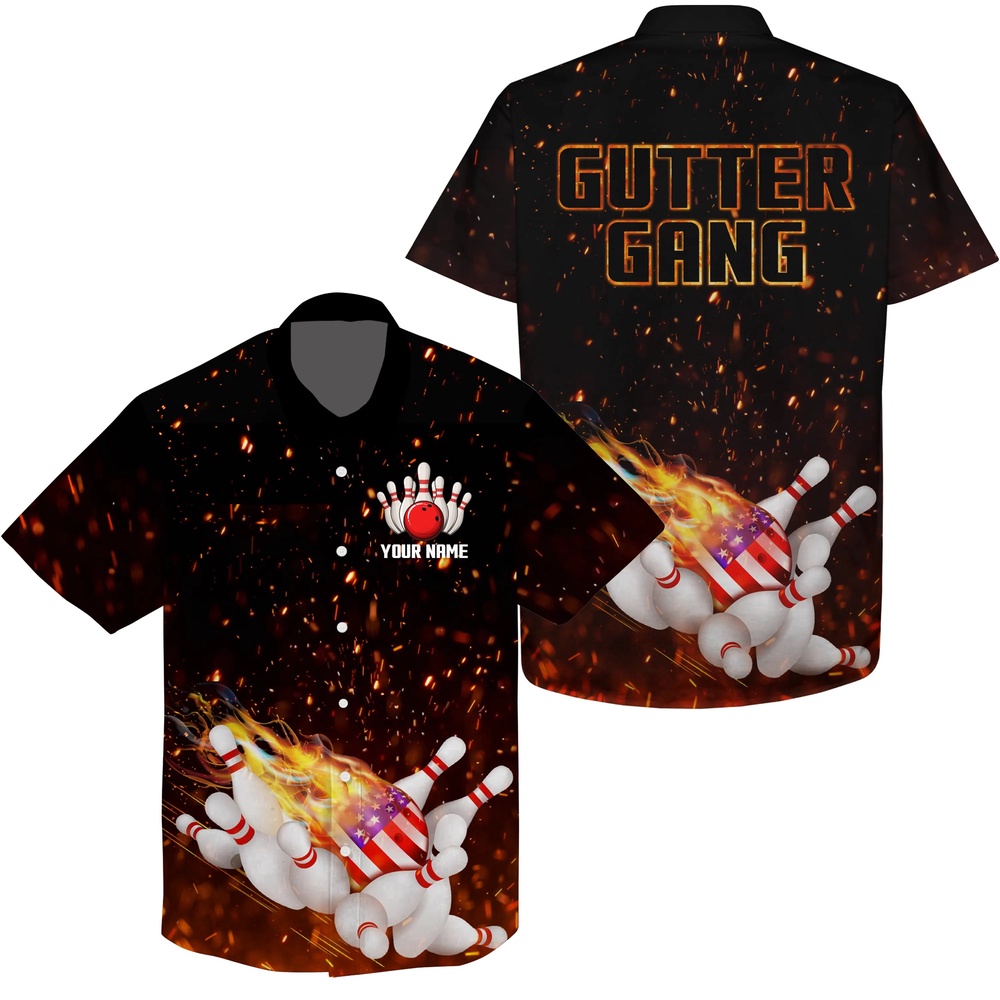 Bowling Hawaiian Shirt, Personalized Flame American Flag Bowling Hawaiian Shirt Custom Gutter Gang Team Bowling Shirts