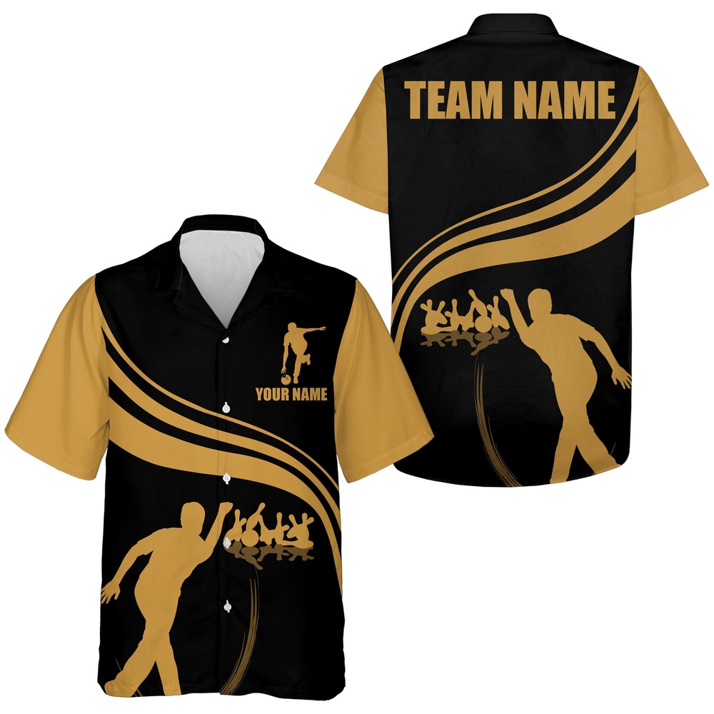 Bowling Hawaiian Shirt, Personalized Hawaiian Bowling Shirt Black And Gold Bowlers Custom Team Short Sleeves Jersey