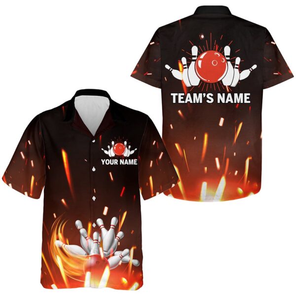 Bowling Hawaiian Shirt, Personalized Hawaiian Bowling Shirt Flame Bowling Ball And Pins Short Sleeve Team Bowlers Jersey