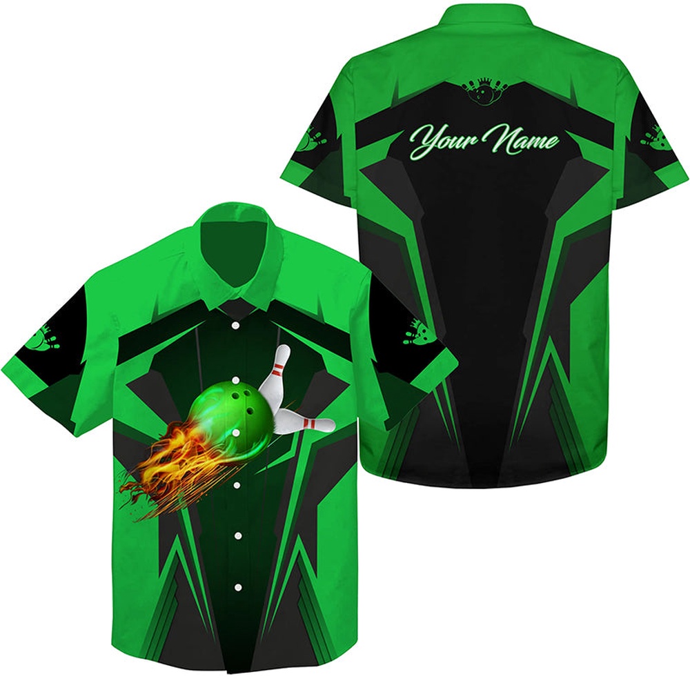 Bowling Hawaiian Shirt, Personalized Hawaiian Bowling Shirts Flame Bowling Ball And Pins, Bowling Shirt For Men Bowlers Green
