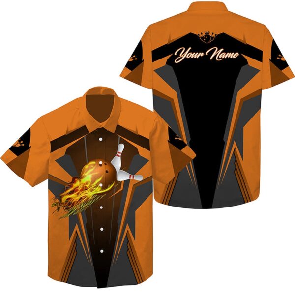 Bowling Hawaiian Shirt, Personalized Hawaiian Bowling Shirts Flame Bowling Ball And Pins, Bowling Shirt For Men Bowlers Orange