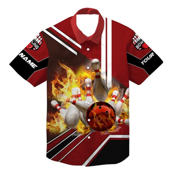 Bowling Hawaiian Shirt, Personalized Hawaiian Bowling Shirts Flame Bowling Ball And Pins, Bowling Shirt For Men Bowlers Red