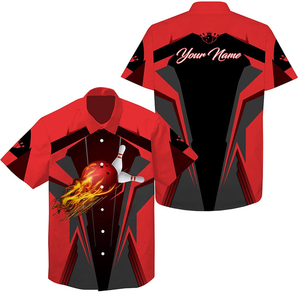 Bowling Hawaiian Shirt, Personalized Hawaiian Bowling Shirts Flame Bowling Ball And Pins, Bowling Shirts For Men Bowlers Red
