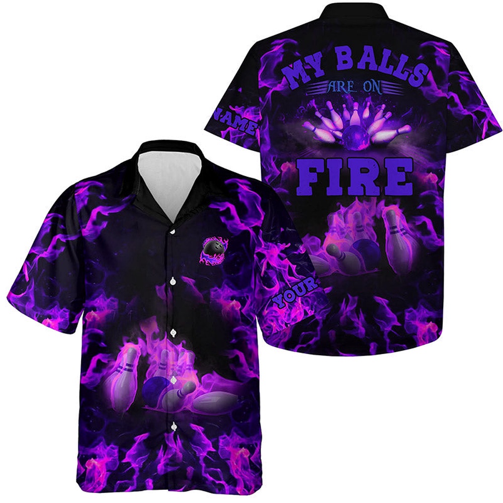 Bowling Hawaiian Shirt, Purple Flame Bowling Shirts Custom My Balls Are On Fire Hawaiian Shirt, Button Up Bowling Shirts