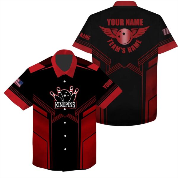 Bowling Hawaiian Shirt, Red And Black Bowling Hawaiian Shirt For Men Custom Name And Team Name Mens Bowling Team Shirts