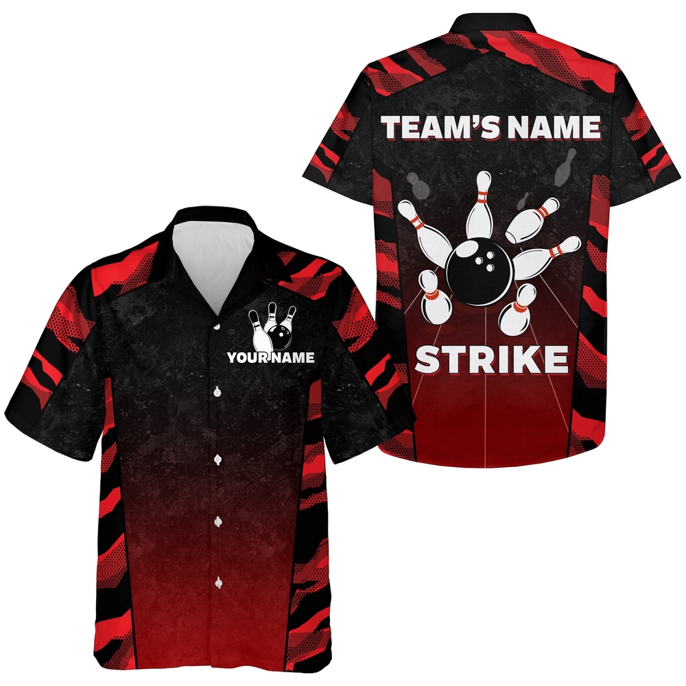 Bowling Hawaiian Shirt, Red Camo Hawaiian Bowling Shirt For Men Custom Name Team Name Bowling Jersey Strike Bowling Shir