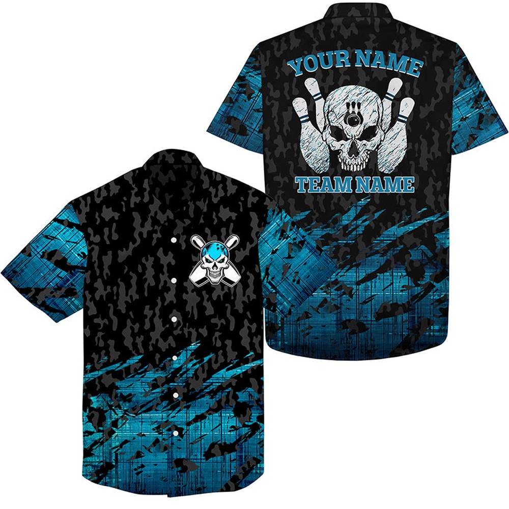 Bowling Hawaiian Shirt, Skull Bowling Hawaiian Shirt Custom Name And Team Name Blue Bowling Skeleton, Team Bowling Shirts