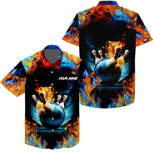 Bowling Hawaiian Shirt, Water Fire Background Custom Name Hawaiian Bowling Shirts For Men, Bowling Team Shirts
