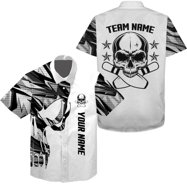 Bowling Hawaiian Shirt, White Camo Bowling Hawaiian Shirt Custom Name And Team Name Skull Bowling, Team Bowling Shirts