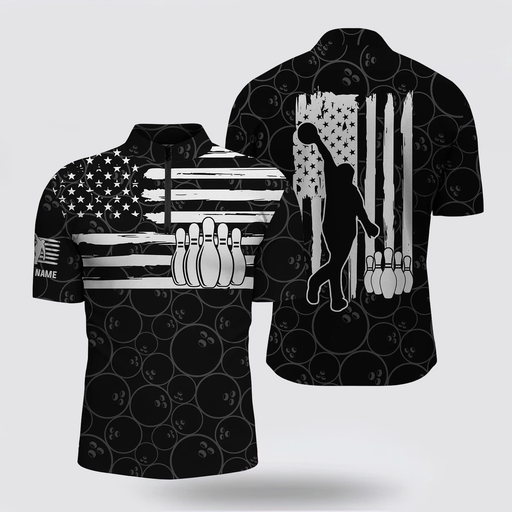 Bowling Jersey, American Flag Patriotic Black Bowling Pattern Custom Bowling Bowling Jersey For Men, Team Bowling Jerseys