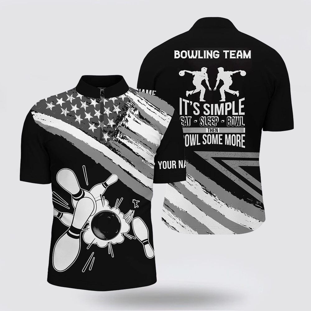 Bowling Jersey, Black American Flag Retro Men’s Bowling Shirt Bowling Jersey Custom Team Bowling Outfits Eat Sleep Bowl