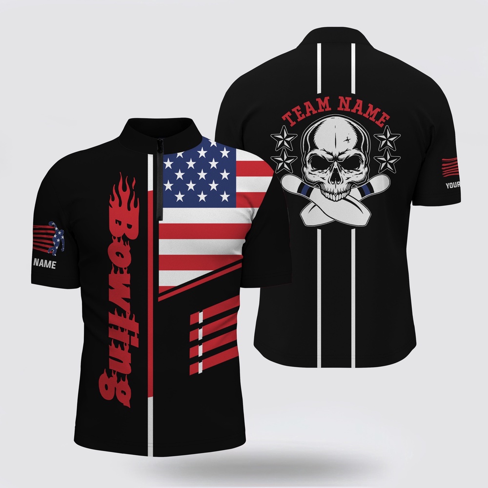 Bowling Jersey, Bowling Bowling Jersey Shirt Men Bowling Jerseys Personalized American Flag Skull Bowling Team Shirts