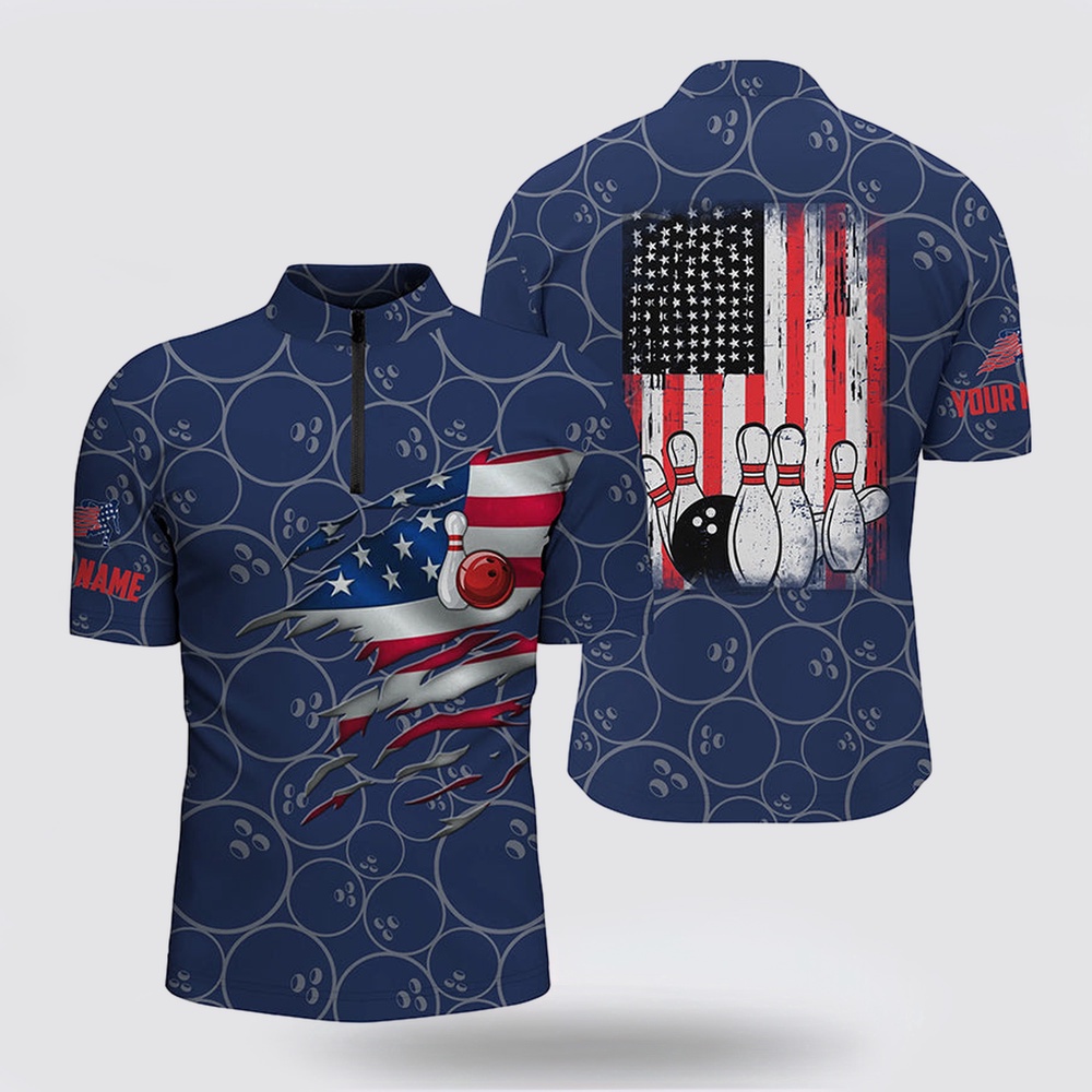 Bowling Jersey, Bowling Bowling Jersey Shirts For Men Custom Blue Vintage American Flag Bowling Jerseys