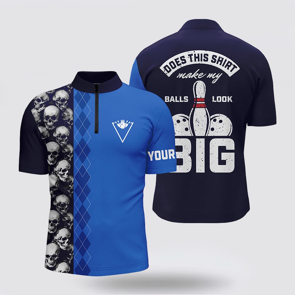 Bowling Jersey, Funny Blue Skull Bowling Bowling Jersey Shirt For Men Custom Name Does This Shirt Make My Balls Look Big