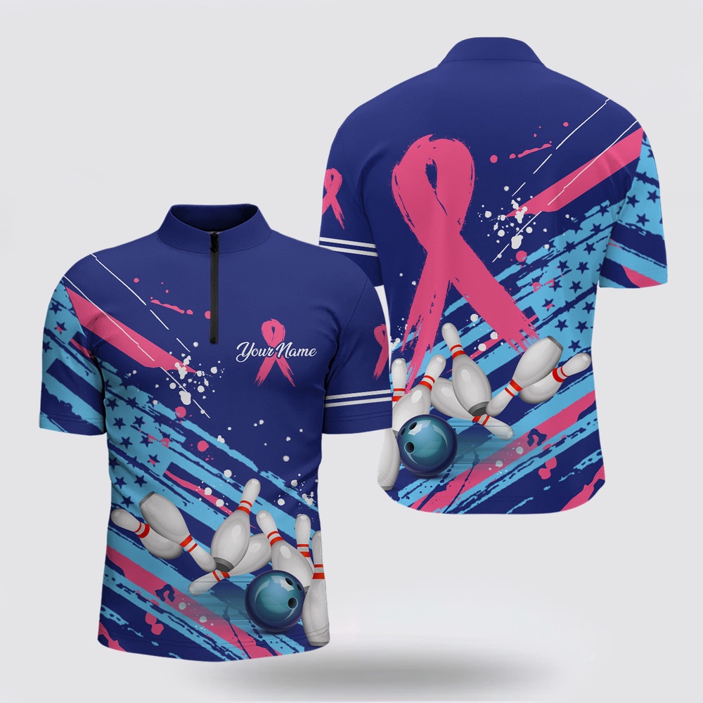 Bowling Jersey, Men’s Bowling Bowling Jersey Shirts Custom Blue American Flag Pink Ribbon Bowling Breast Cancer Awareness