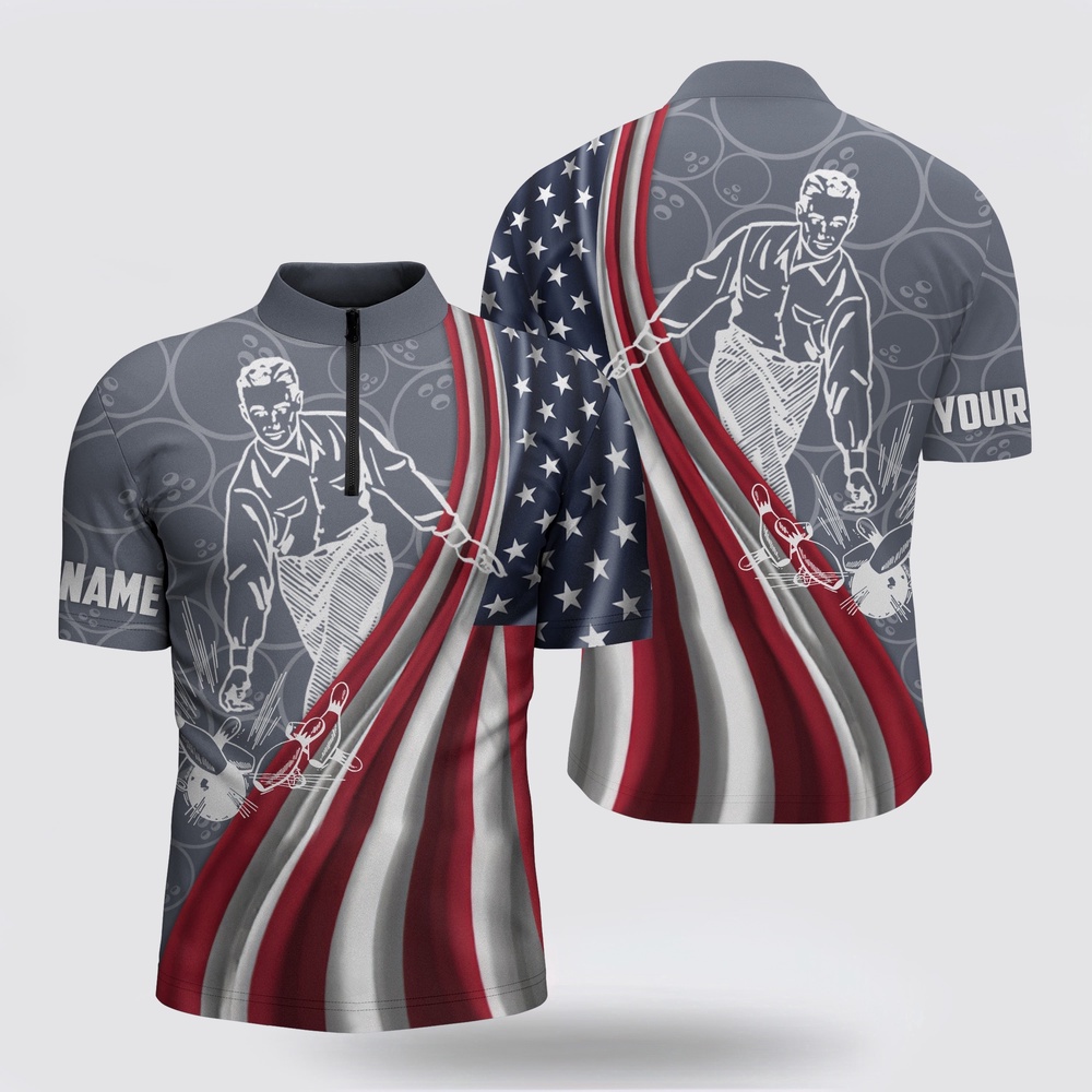 Bowling Jersey, Patriotic Men’s Bowling Shirt American Flag Custom Name Bowlers Jersey Short Sleev