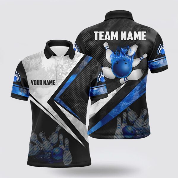 Bowling Polo Shirt, Black And White Bowling Polo Shirt For Men Custom Bowling Ball Pins Team Bowler Jerseys Blue