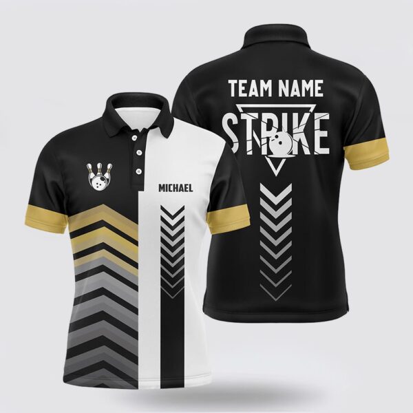 Bowling Polo Shirt, Black And White Mens Polo Bowling Shirts Custom Retro Bowling Ball Pins Team League Jerseys Yellow