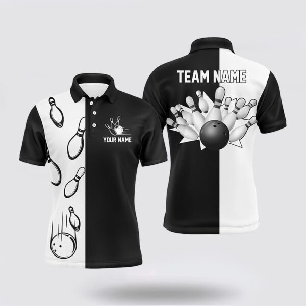 Bowling Polo Shirt, Black And White Retro Vintage Bowling Polo Shirts For Men Custom Bowling Team Jerseys