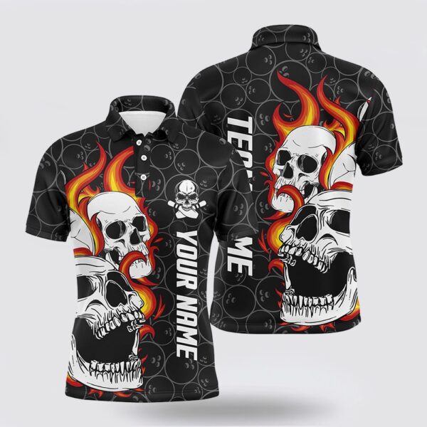 Bowling Polo Shirt, Black Camo Bowling Polo Shirts For Men Custom Flame Skull Bowling Team League Jerseys