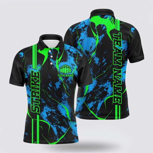 Bowling Polo Shirt, Black, Green And Blue Strike Bowling Polo Shirts, Custom Mens Bowling Team Shirts Bowling Jerseys