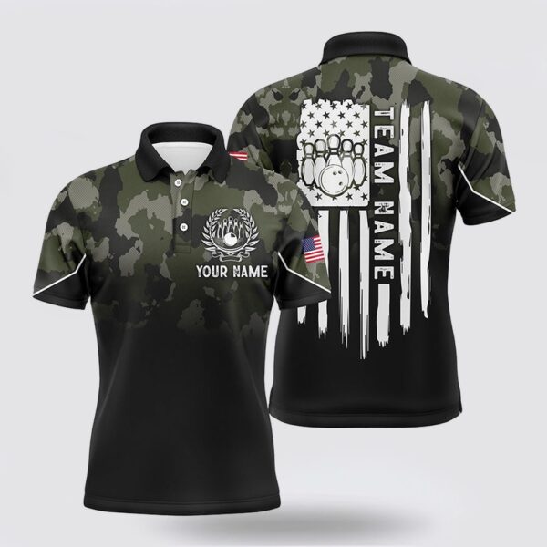 Bowling Polo Shirt, Black Green Camo Mens Polo Bowling Shirts Custom American Flag Patriotic Bowling Team League Jerseys