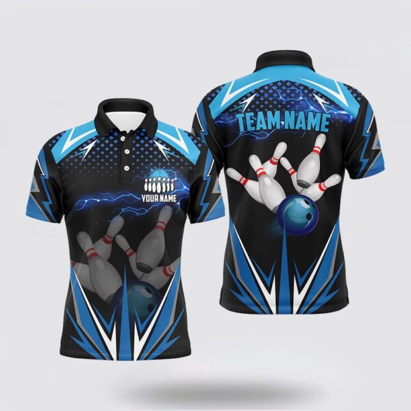 Bowling Polo Shirt, Black Men Bowling Polo Shirt Custom Blue Lightning Team Mens Bowlers Jerseys Bowling Outfits