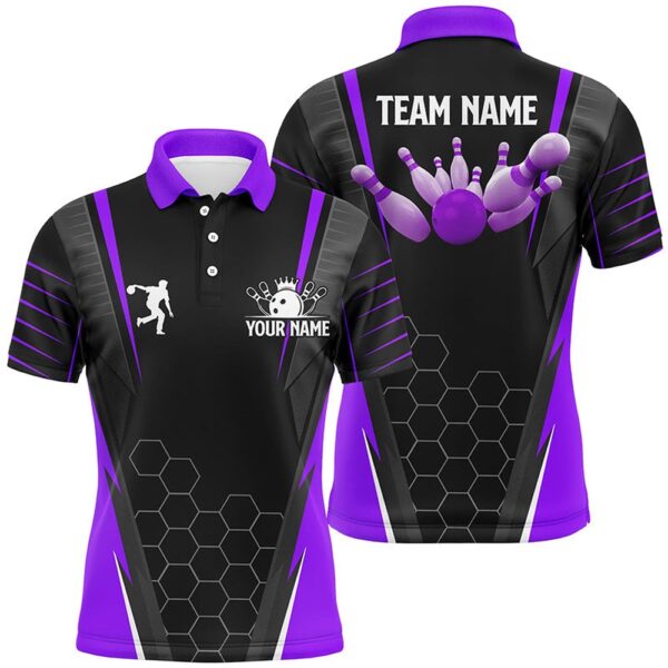 Bowling Polo Shirt, Black Mens Bowling Polo Shirt Custom Name Mens Bowlers Jersey, Team Bowling Outfits Purple