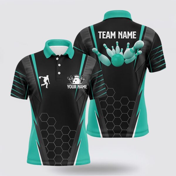 Bowling Polo Shirt, Black Mens Bowling Polo Shirt Custom Name Mens Bowlers Jersey, Team Bowling Outfits Turquoise