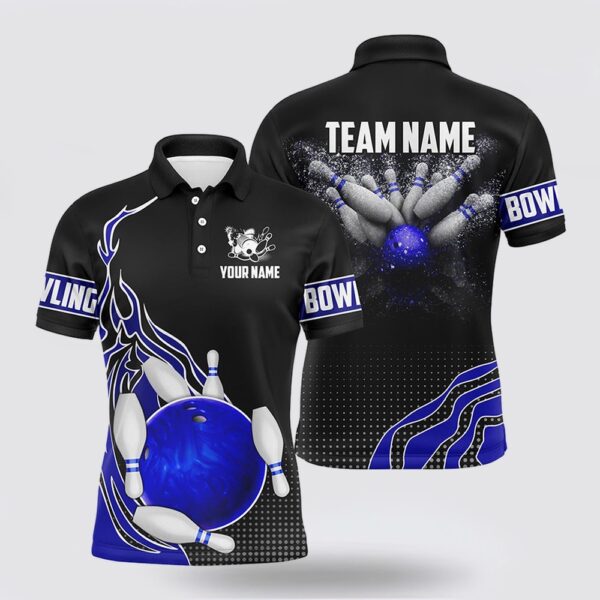 Bowling Polo Shirt, Blue And Black Bowling Polo Shirts For Men Custom Bowling Ball Pins Team League Jerseys Bowl Gifts