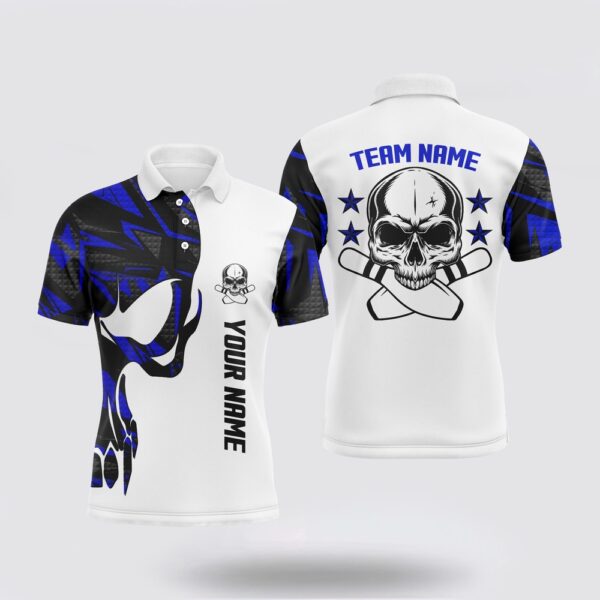 Bowling Polo Shirt, Blue And White Bowling Polo Shirts For Men Custom Name And Team Name Skull Bowling, Team Bowling Shirt