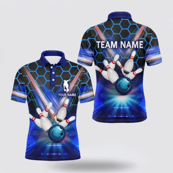 Bowling Polo Shirt, Blue Bowling Shirt For Men Custom Name Polo Bowling Jersey 3D Bowling Team Shirt For Men