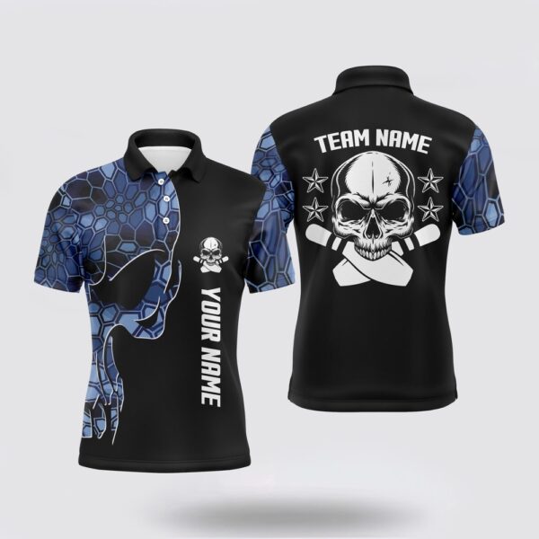 Bowling Polo Shirt, Blue Camo Black Bowling Polo Shirts For Men Custom Team Name Skull Bowling, Team Bowling Shirts