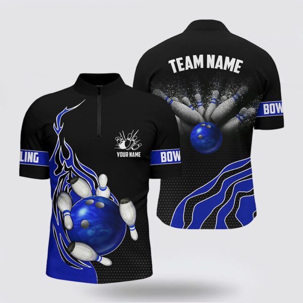 Bowling Polo Shirt, Blue Flame Bowling Polo Shirts For Men Bowling Ball, Custom Bowling Team Jerseys Bowler Outfits