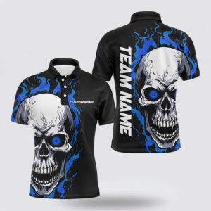 Bowling Polo Shirt, Blue Flame Skull Sport…