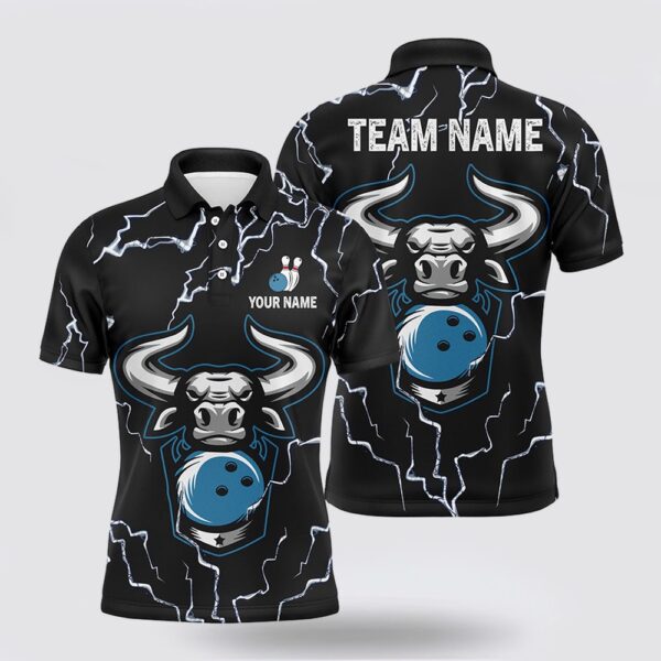 Bowling Polo Shirt, Bowling Bull Thunder Lightning Black Bowling Polo Shirts For Men Custom Bowling Team League Jersey