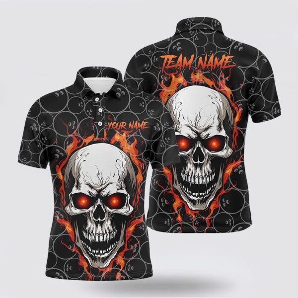 Bowling Polo Shirt, Bowling Pattern Red Flame Skull Custom Bowling Polo Shirts For Men, Bowling Team Shirts Jerseys