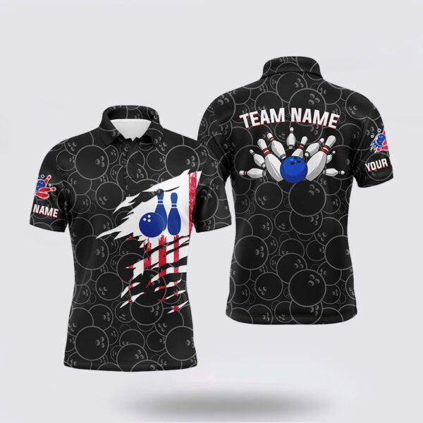 Bowling Polo Shirt, Bowling Polo Shirt Mens Bowling Jerseys Personalized American Flag Black Pattern Bowling Team Shirt