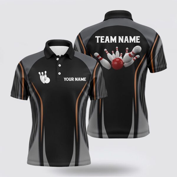 Bowling Polo Shirt, Bowling Polo Shirts For Men Custom Bowling Ball And Pins Black Vintage Bowling Team Jerseys